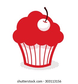 Simplified cupcake with cherry icon - red on white