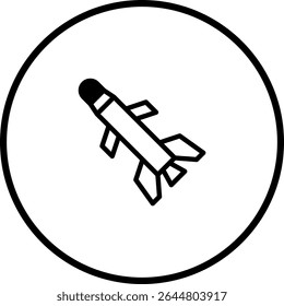 Vereinfachte Darstellung einer Rakete innerhalb einer kreisförmigen Grenze, die ein militärisches Symbol darstellt