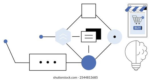 Simplified diagram showing a flowchart with various connected shapes and a shopping cart icon. Represents an online shopping process. Ideal for technology, e-commerce, software design, business