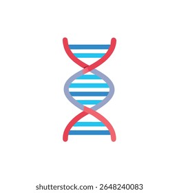 Simplified DNA double helix with alternating blue segments and red curving strands. Set against solid White Background. Flat graphic style.