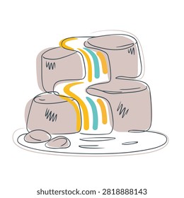 A simplified doodle style graphic of a waterfall cascading down tiered rocks into a small pool with clean lines and soft pastel colors