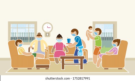 Simplified Drawing Of Family Of Dad, Mom, Grandmother, Two Children And A Baby Wearing Face Masks Against The Virus Gathered In The Living Room Of Their House With Yellow Wall Background. Vector Image