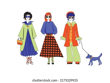 A simplified drawing of three unconventionally dressed girls on a walk with a dog on a white background. Fashionistas in orange, blue and lettuce