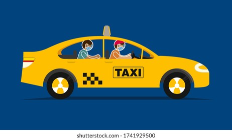 Simplified drawing of a yellow taxi seen in profile with the driver and passenger wearing blue face mask and glasses to avoid contagion on a dark blue background. Vector image