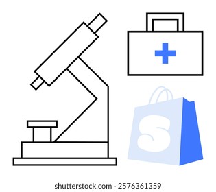 Simplified drawings of a microscope, a medical kit with a cross, and a blue shopping bag. Ideal for medical research, healthcare, science, shopping, online commerce. Line art style, clean, minimal