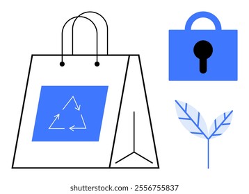 Simplified drawings show a shopping bag with a recycle symbol, a blue lock, and a leaf icon. Ideal for promoting sustainability, security in transactions, eco-friendly products, recycling