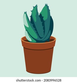 Simplified editable vector image of aloe in a pot on a pastel turquoise background.