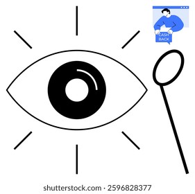 Simplified eye symbol accompanied by a magnifying glass and a cash back icon. Ideal for vision, search, discovery, analysis, and financial benefits. Black, blue, and white, minimalist design