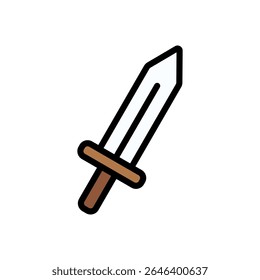 Espada de fantasía simplificada en estilo de contorno de color con hoja de plata y empuñadura marrón. Perfecto para el equipo de nivel de entrada en juegos e iconos de aventuras.