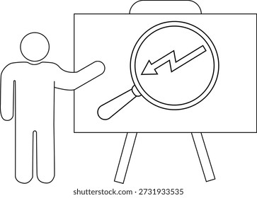 A simplified figure gestures towards a whiteboard featuring a magnifying glass over a zigzagging arrow