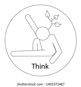 Simplified figure of a man with a raised hand.  From the head grows a sprout.  Vector illustration.