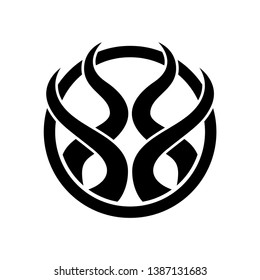 Simplified fire ball demon head logo.  Abstract modern design in black and white.