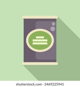 Simplified flat design illustration of a canned food product with a label, on a green background