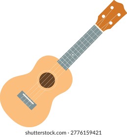 A simplified, flat design illustration of a ukulele is presented on a white background. The instrument is a light beige color with a brown soundhole and bridge. The neck and headstock are a light brown, and the fretboard is a light gray with visible frets. Four strings are visible, stretching from the headstock to the body.