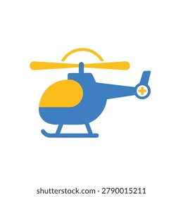 A simplified flat design vector icon of an emergency medical rescue helicopter with a cross symbol on the tail against a plain white background
