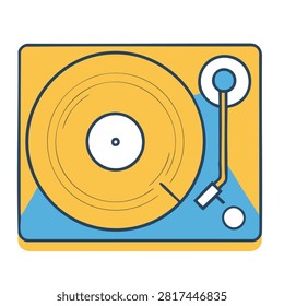 A simplified flat graphic design of a turntable with a yellow record on a blue and yellow base