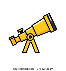 A simplified flat graphic icon of an astronomical telescope in yellow color isolated on a white background