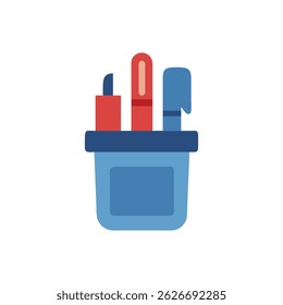 A simplified flat icon of a blue pencil holder containing writing instruments. The design is modern and clean.