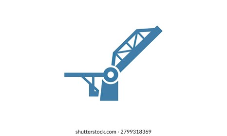 Simplified flat illustration of a lifting drawbridge in blue, symbolizing connectivity, infrastructure, maritime passage, and civil engineering.