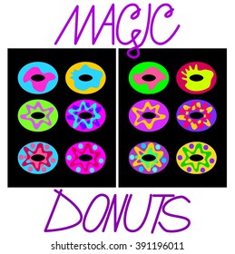 Simplified flat image virulently trendy-colored donuts on a black plate with the inscription "magic donuts"