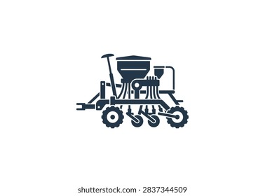 A simplified flat vector illustration of an agricultural seeder machine used for planting seeds in farmland.