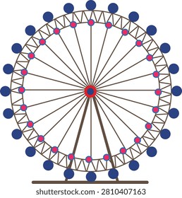 Simplified flat vector illustration of a classic Ferris wheel. Geometric design of a carnival observation wheel attraction with blue cabins, suitable for amusement park icons, theme park graphics, and entertainment concepts.
