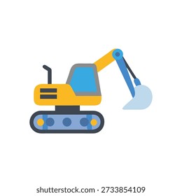 Simplified flat vector illustration of an excavator in yellow and blue, isolated on a White Background. Clean, cartoonish style.