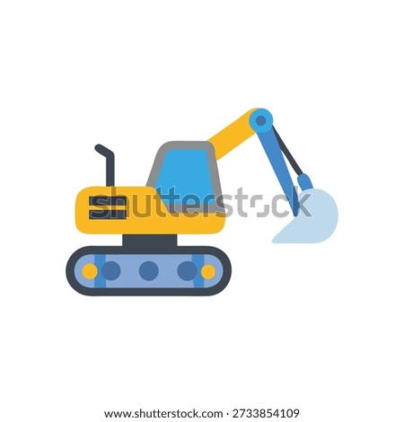 Simplified flat vector illustration of an excavator in yellow and blue, isolated on a White Background. Clean, cartoonish style.