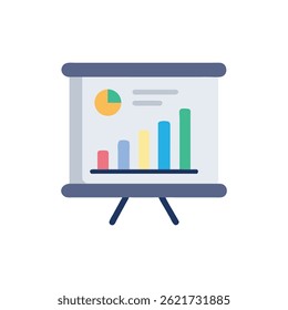 A simplified, flat-style illustration of a presentation whiteboard with colorful graphs and a pie chart on it. Data and business concepts.