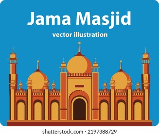 Simplified flat-style Jama Masjid delhi vector illustration, mosque,  front view 