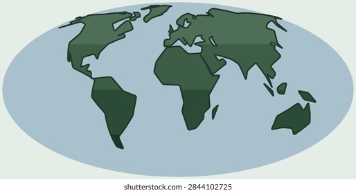 Simplified Forest Mist World World Map Showing Simplified Silhouette bold angular coastlines with solid fills and contours Creating Global Continents for Sylvan Contemporary Art Poster Print and