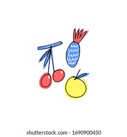 Simplified fruits : cherries, pineapple, apple. Vector design objects