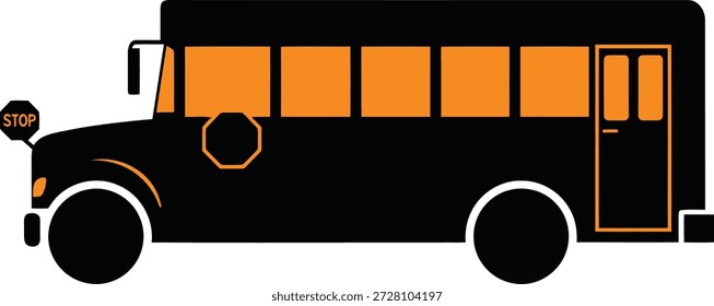 Eine vereinfachte Grafik eines schwarzen Schulbusses mit orangefarbenen rechteckigen Fenstern und einem orangefarbenen Umriss. Ein schwarzes achteckiges Stoppschild mit orangefarbenem Text ist an der Vorderseite angebracht.