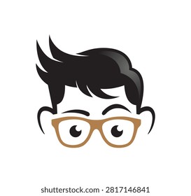 A simplified graphic design depicting a stylized head with dark spiky hair and prominent light brown spectacles