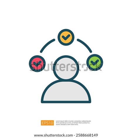 a simplified graphic of a person with three checkmarks above, symbolizing approval, decision-making, or task completion. Flat line style icon