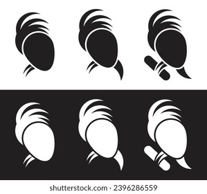 A simplified graphic representation of a bird. A stylized parrot sits on a branch. Vector illustration in two colors: black and white.
