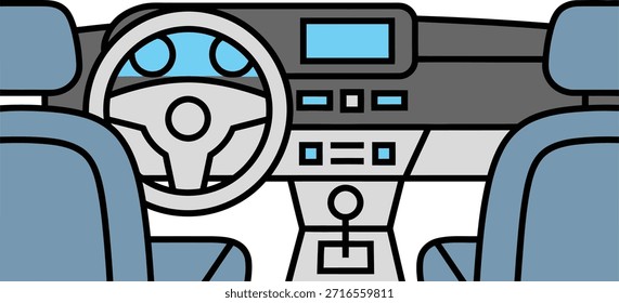A simplified graphic representation of a vehicle's cockpit, showing the driver's perspective with steering wheel, dashboard elements, and front seats.