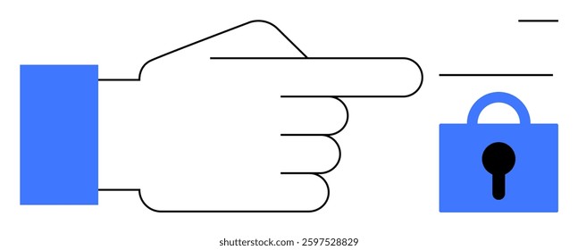 Simplified graphic showing a hand pointing towards a blue lock. Ideal for digital security, privacy, protection, access control, and cybersecurity themes. Minimalist in style