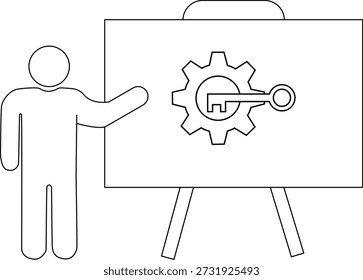 Un gráfico simplificado muestra a un presentador junto a una pizarra blanca mostrando un engranaje y una tecla