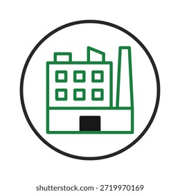 Un icono de fábrica verde simplificado dentro de un círculo de borde negro, representa un símbolo de la producción industrial. Este diseño transmite conceptos relacionados con la arquitectura, la construcción, la fabricación,