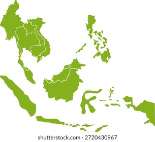 Eine vereinfachte grüne Gliederungskarte Südostasiens, die die geografischen Grenzen der Länder in der Region zeigt.