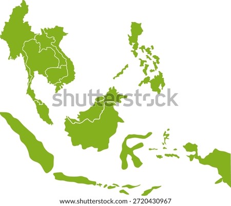 A simplified green outline map of Southeast Asia, showing the geographical boundaries of countries in the region.