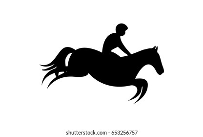 Simplified horse race.  Equestrian sport. Silhouette of racing horse with jockey. Jumping. Third step.