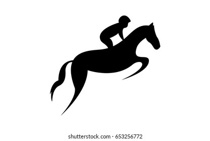 Simplified horse race.  Equestrian sport. Silhouette of racing horse with jockey. Jumping. Second step.