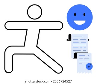 Simplified human figure in a fitness pose alongside a happy face and a checklist with a checkmark. Ideal for fitness, health goals, wellbeing, task management, and positivity. Simple modern style