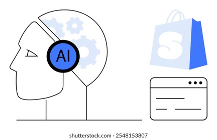Cabeça humana simplificada com IA e engrenagens, uma bolsa de compras e uma janela de navegador da Web. Ideal para IA, integração de tecnologia, e-commerce, web design e futuros conceitos de varejo. Estilo mínimo e moderno