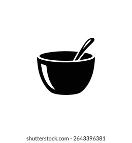 Simplified icon featuring a solid black bowl with a spoon resting inside. Clear illustration on a white background, depicting food or kitchenware in minimalist style.