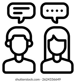 Ícone simplificado que representa um diálogo, ideal para aplicativos de comunicação, bate-papo, mensagens ou suporte ao cliente.