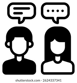 Ícone simplificado que representa um diálogo, ideal para aplicativos de comunicação, bate-papo, mensagens ou suporte ao cliente.