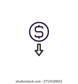 Um ícone simplificado que representa perda financeira. Apresenta uma moeda de dólar acompanhada de uma seta apontando para baixo, simbolizando uma diminuição no valor, recessão econômica ou riscos financeiros e enfatizando